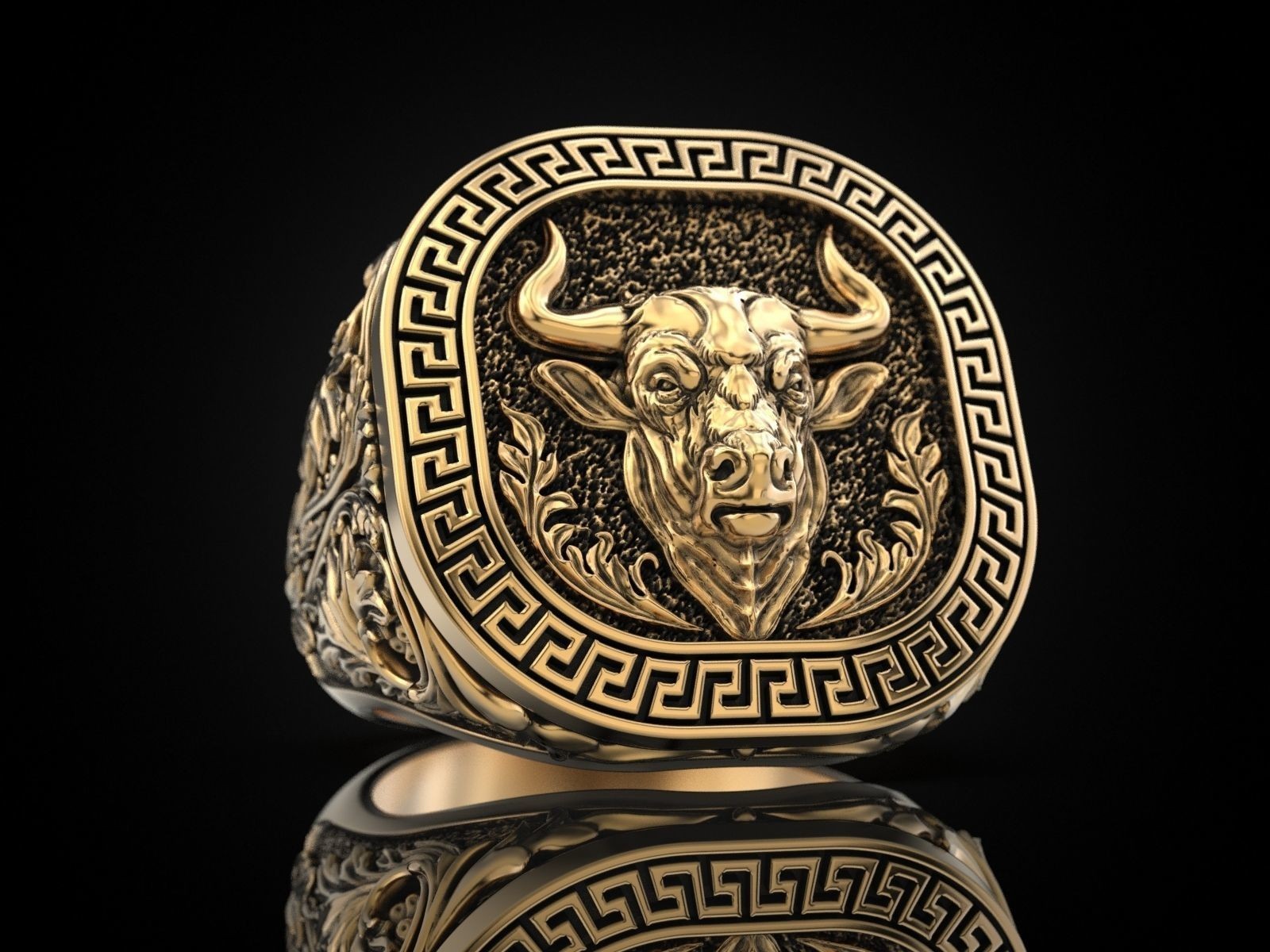 Oxidized Men’s Greek Ornament Pattern Bull 925 Sterling Silver Statement Rings