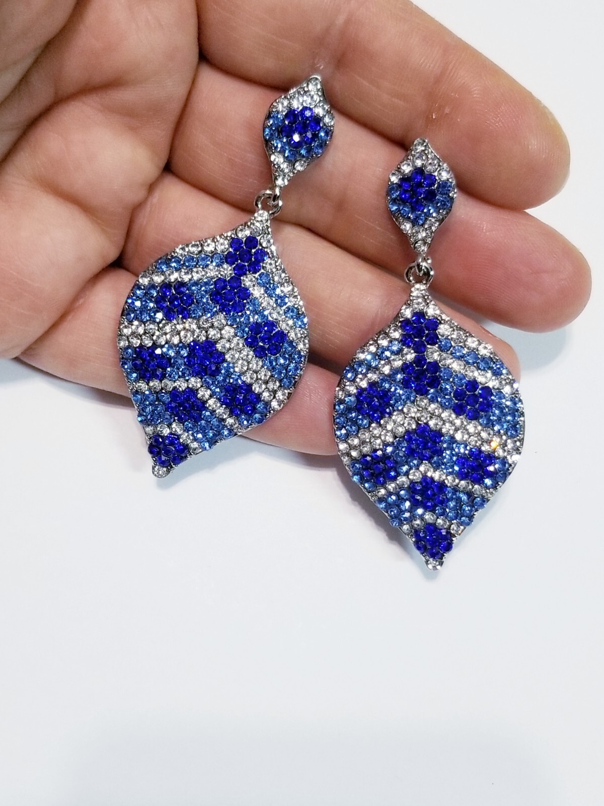 Chandelier Rhinestone Crystal Pageant Bridal Earrings Blue Drop Dangle 2.8 In