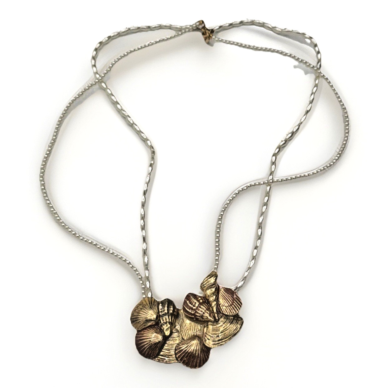 Vintage Pearl Necklace Gold Shell Pendants Ocean Motif Statement Jewelry