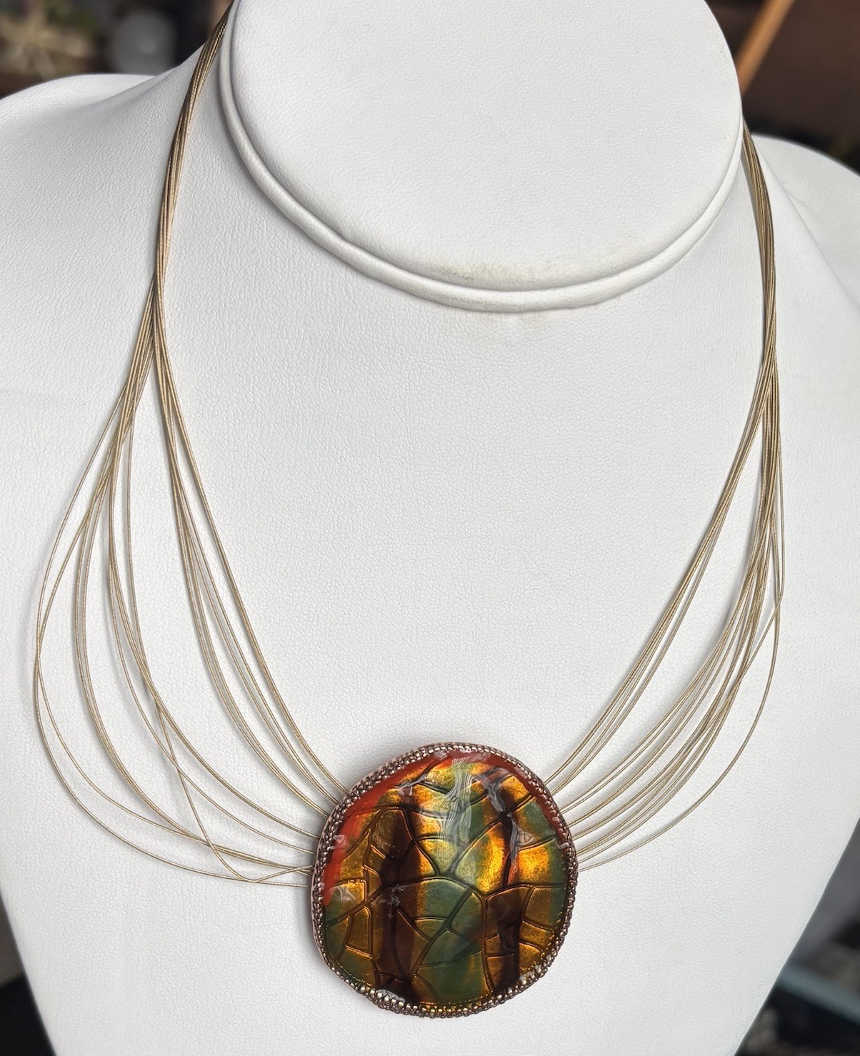 Enamel Pendant Multi Color Multi Strand Coated Wire Choker Necklace 19” Boho