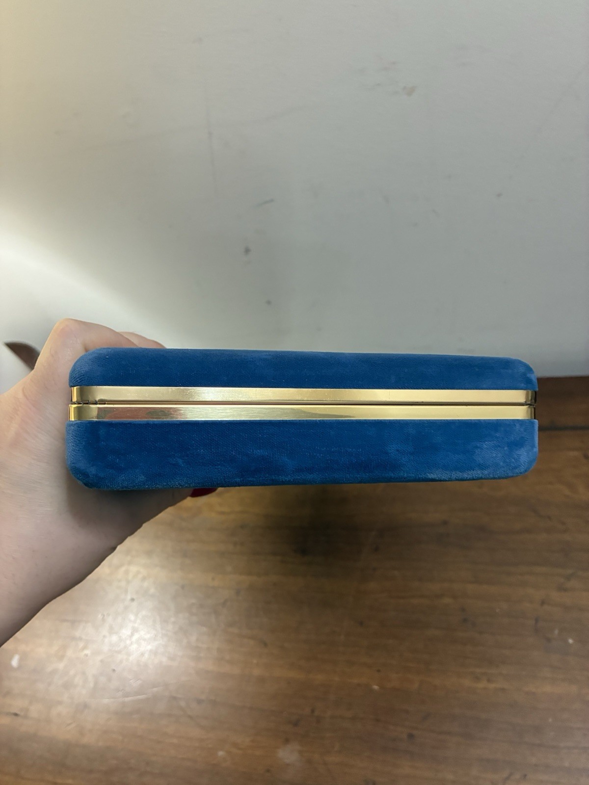 Vintage Mele Blue Velvet Hinged Clamshell Travel Jewelry Box 10×6.5” Mirror EUC