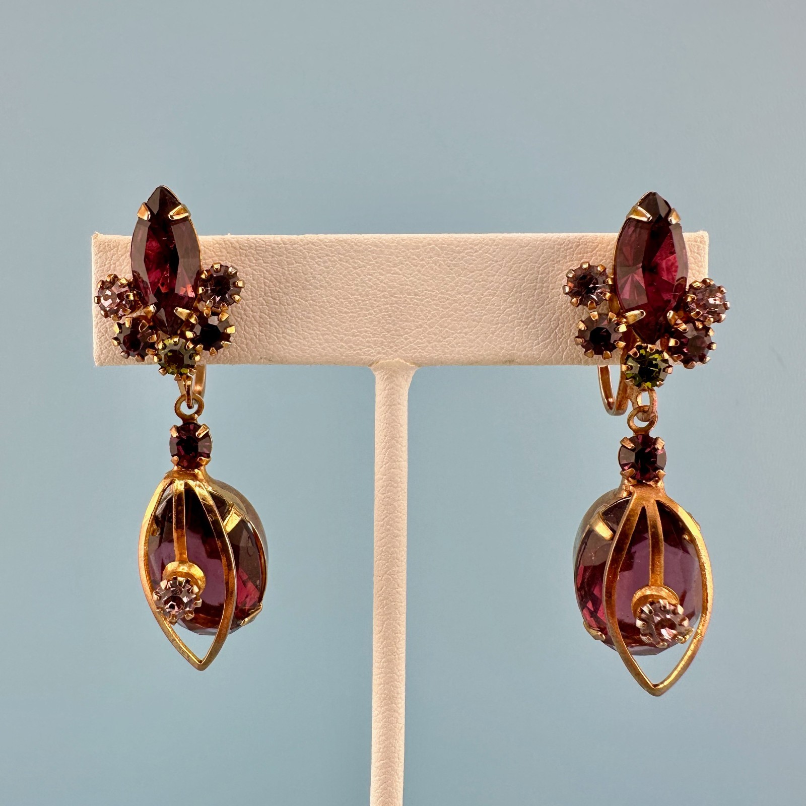 Vintage Purple Rhinestone Dangle Earrings Rose Gold Tone Clip On Prong Set