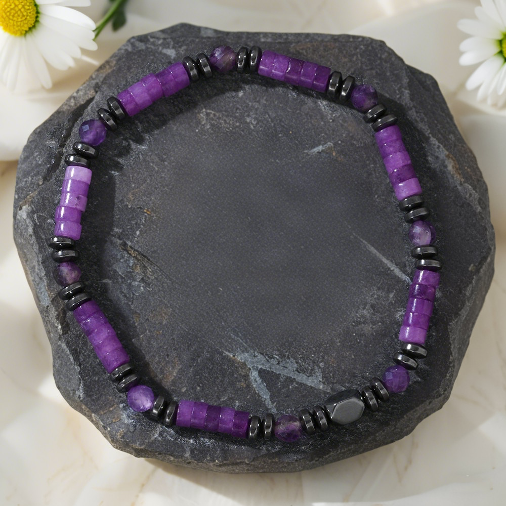 Natural Amethyst Hematite Beaded Crystal Protection Energy Stretch Bracelet