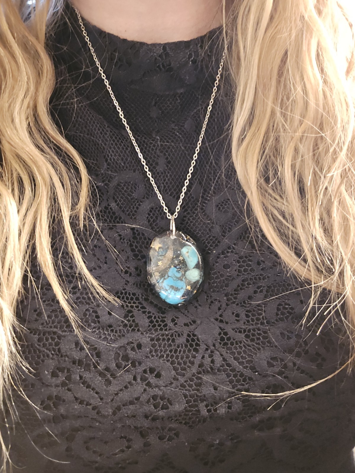 Turquoise Galaxy Resin Pendant Artisan Necklace 20 Inch Stainless Steel Chain