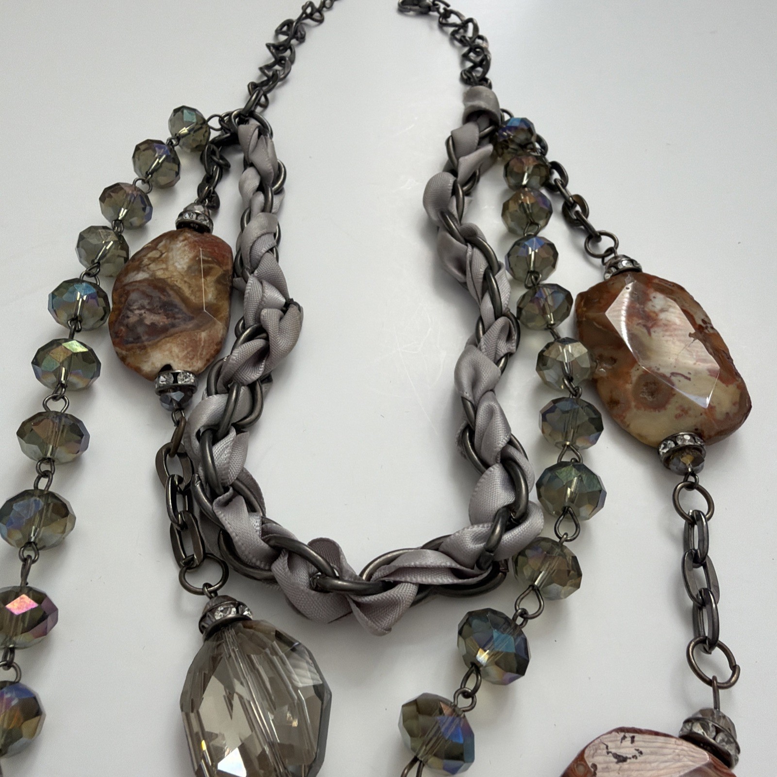 Vintage Cookie Lee Multi Strand Statement Necklace Agate Crystal Gunmetal Gray