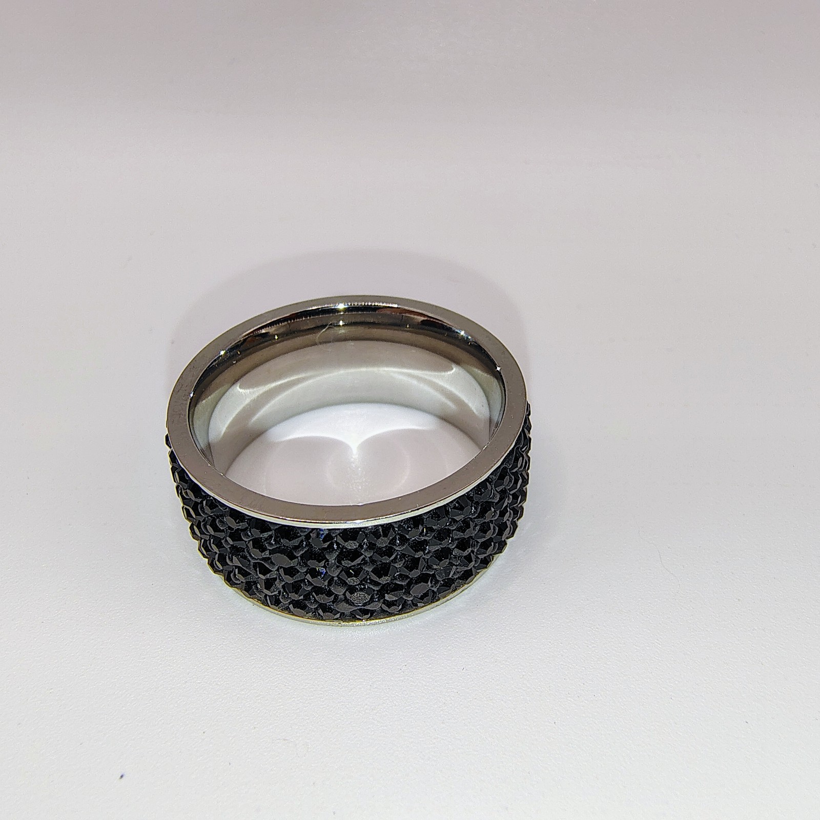 Black Crystal Pave Stainless Steel Band Ring Wide Sparkle Fashion Size 10.5