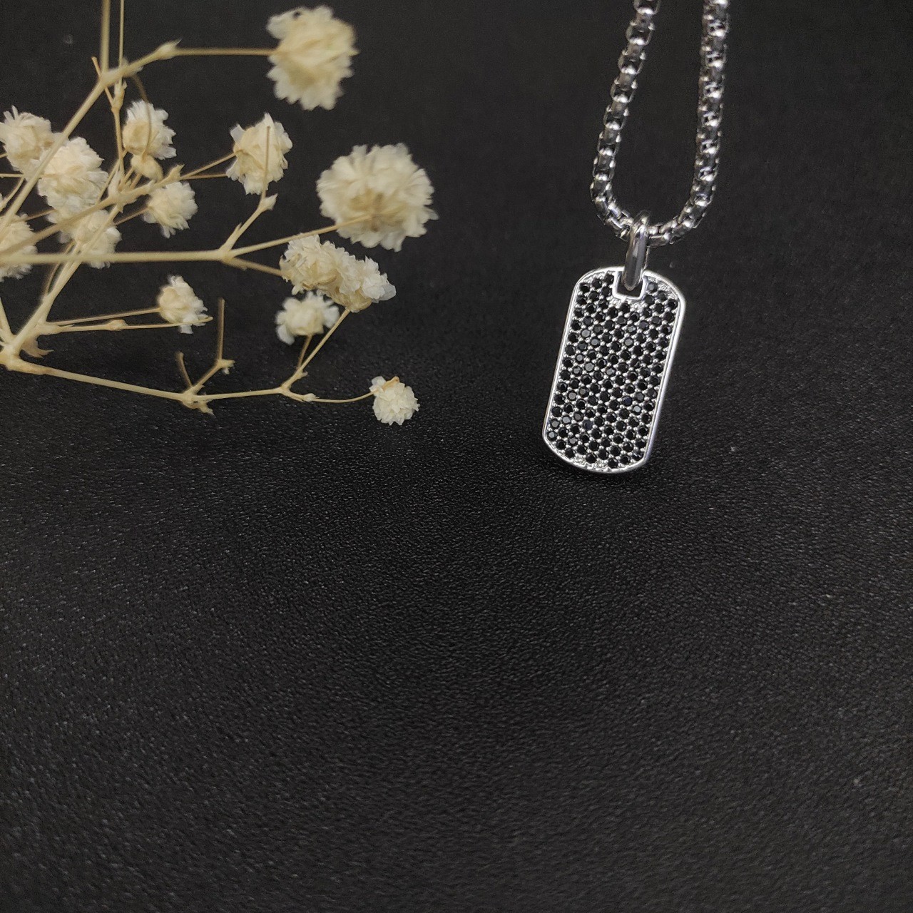 David Yurman Black Diamond Dog Tag Pendant 925 Silver Box Chain Necklace 19.6IN
