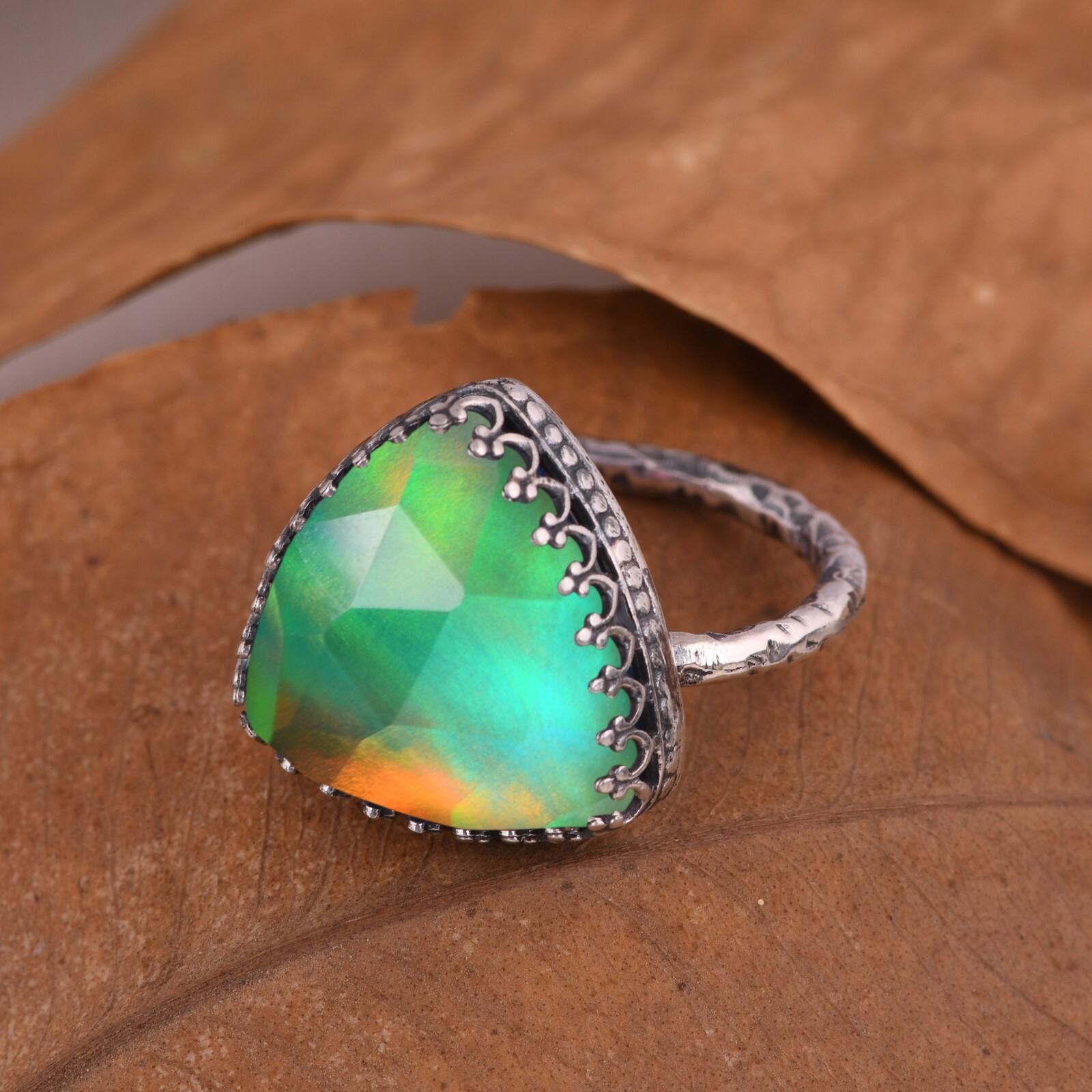 Trillion Aurora Opal Chunky Ring in Sterling Silver For Every Occasion Gift Her