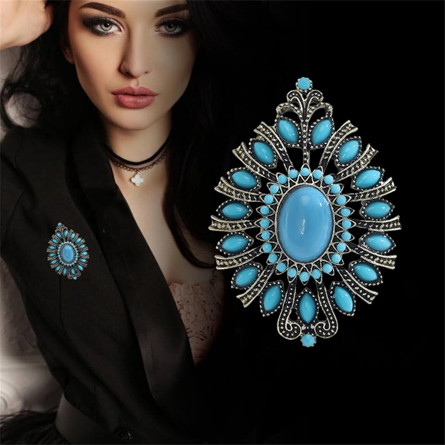 Western Brooch Pin, Multicolor Crystal Turquoise, Large Alloy Steel Lapel Pin fo