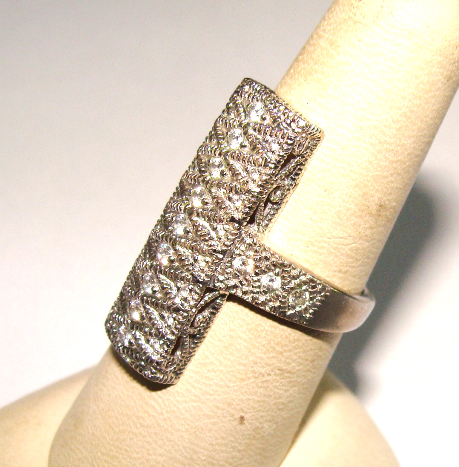 Designer Deco STYLE 5.5g Sterling Silver Multi CZ Textured Elongated Ring 7.25