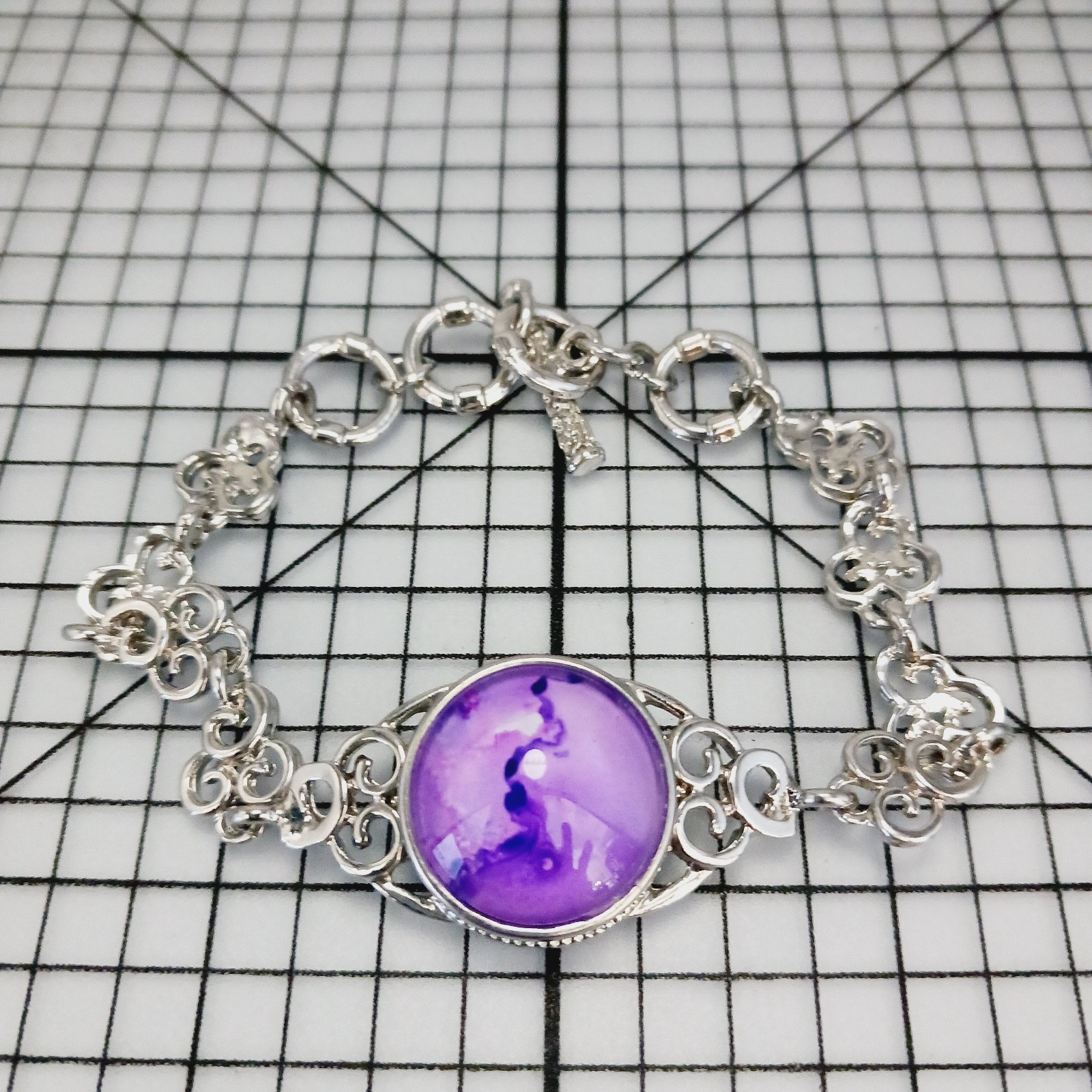 Bracelet Link Purple Cabochon Silver Tone Filigree Romantic Boho Victorian 2000s