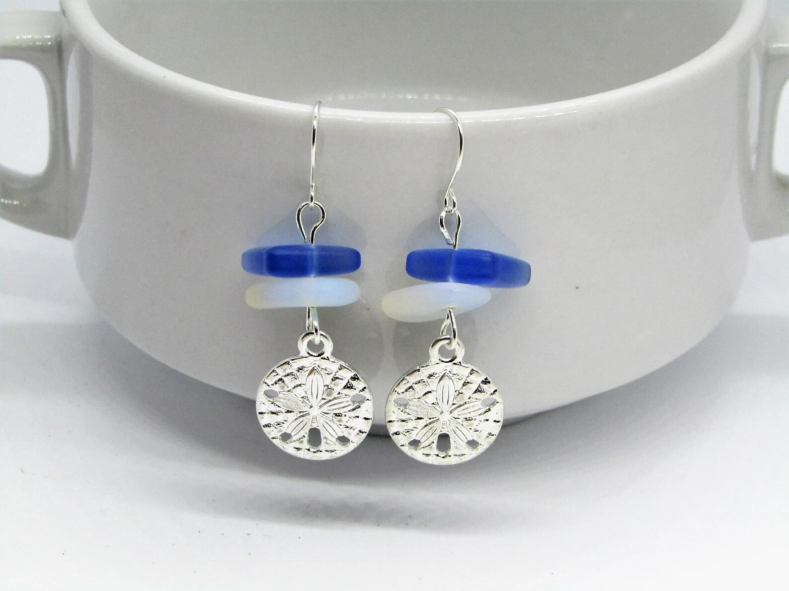 Frosted Opal & Blue Sea Glass Beach Stone Pebble Silver Charm SAND DOLLAR Shell