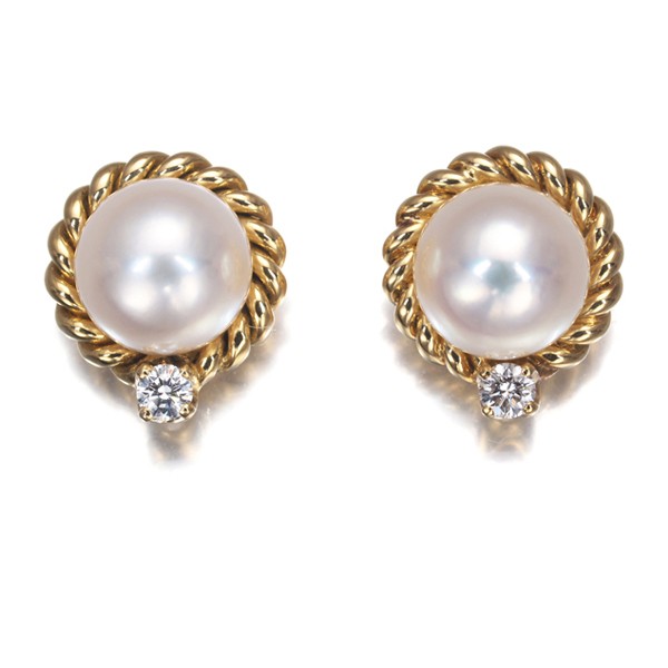 Auth Mikimoto Earrings Akoya Pearl 6.5mm Diamond 0.02ct/0.02ct 2WAY 18K YG