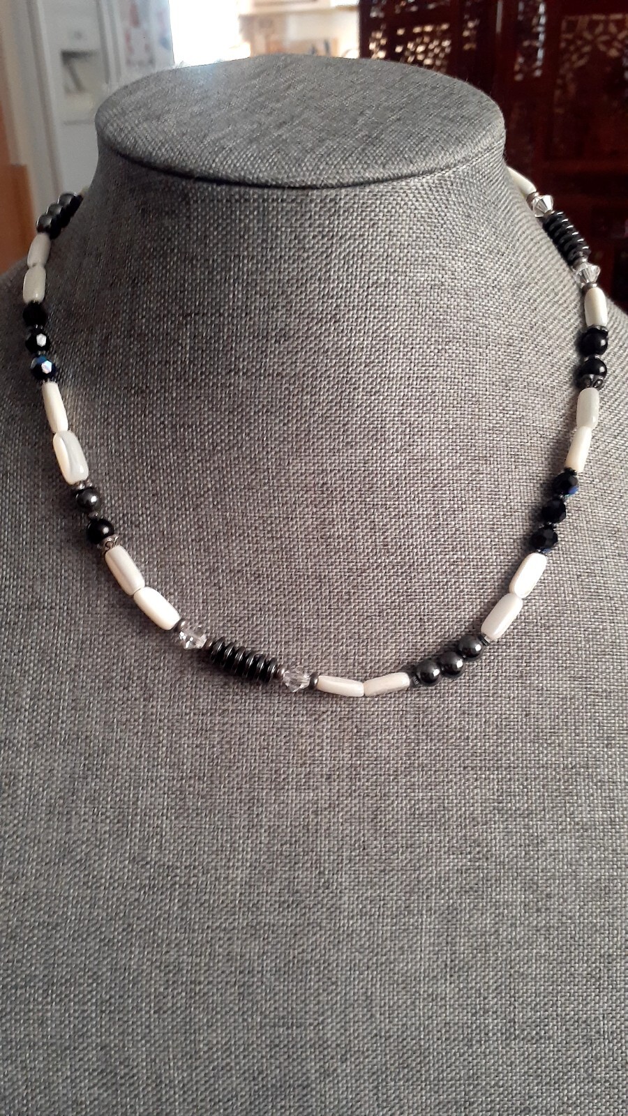Mother of Pearl Hematite Clear & Black Stone Necklace. 18″