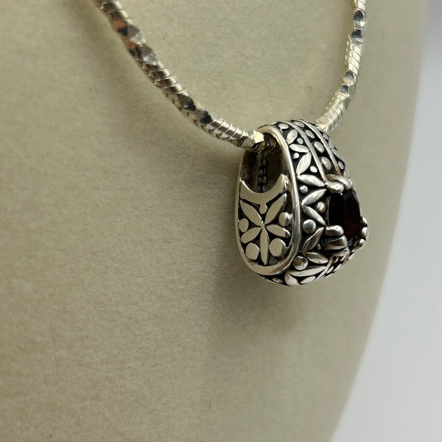 Ornate 925 Sterling Silver Scrolled Long Necklace 30″ w/ Pendant Red Stone 32g
