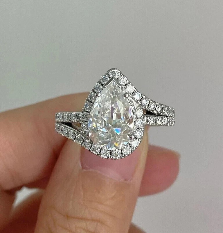 Halo Engagement Wedding Ring 2.60 Ct Pear Cut Lab Grown Diamond 14K White Gold