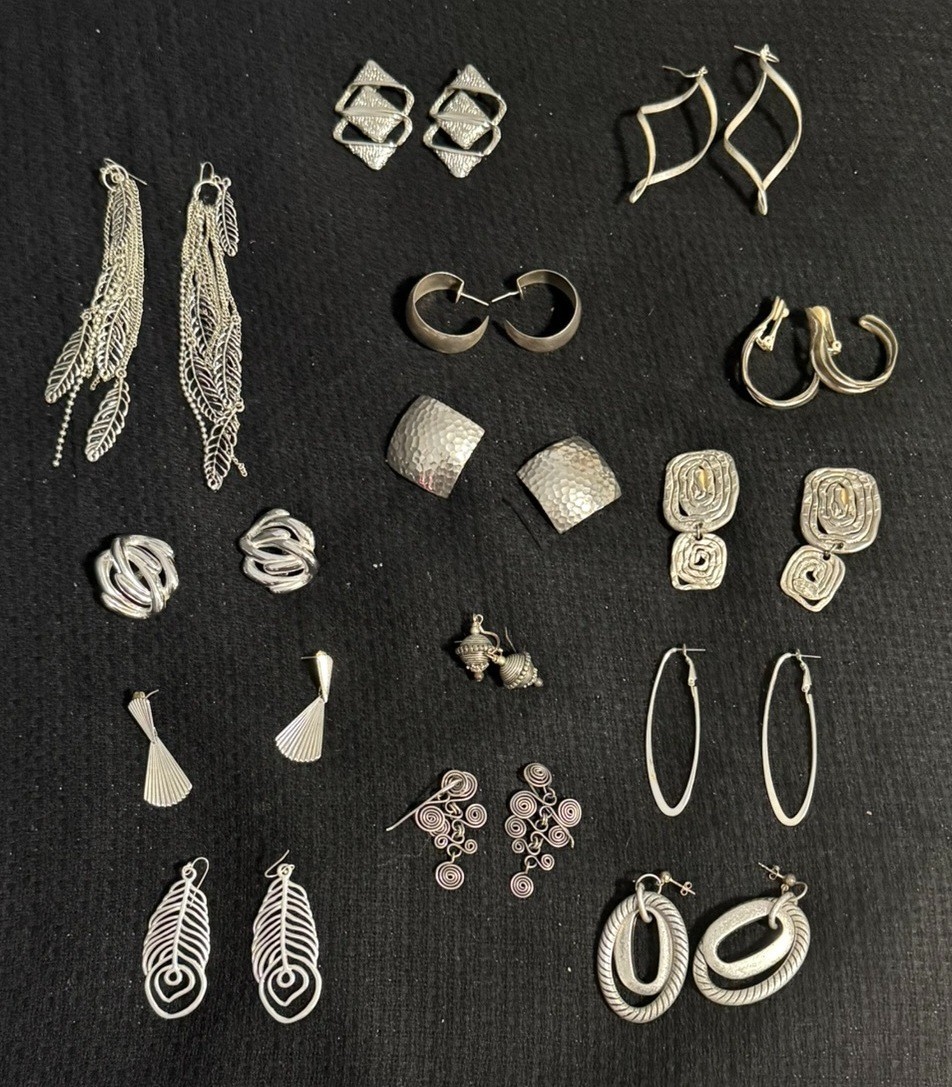 14 Pair Costume Silver Colored Earrings (2 pairs are clip-ons, 12 are pierced)