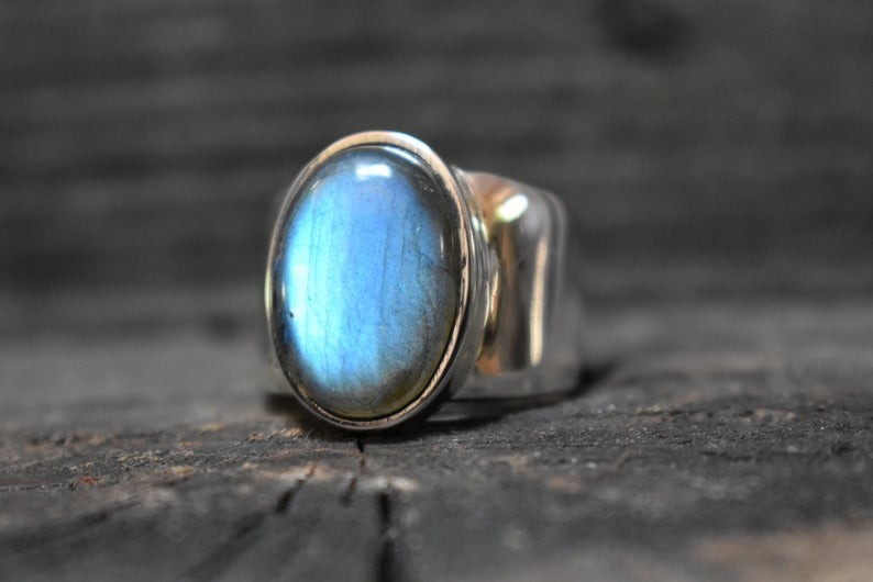 Solid 925 Sterling Silver Natural Blue Labradorite Oval Men’s Unisex Band Ring