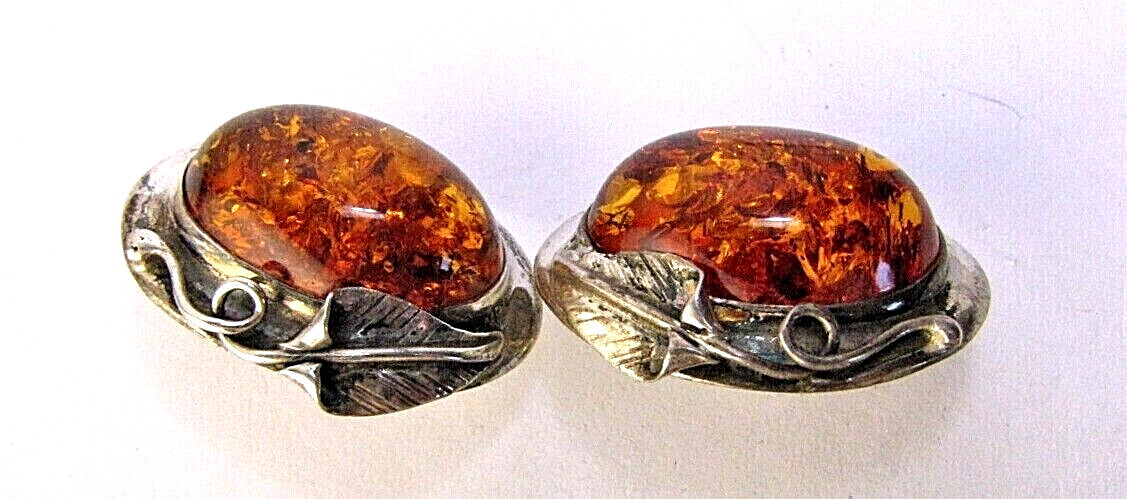 Earrings Vintage Artisan Sterling Silver Amber Peace Lily Clip On Oval