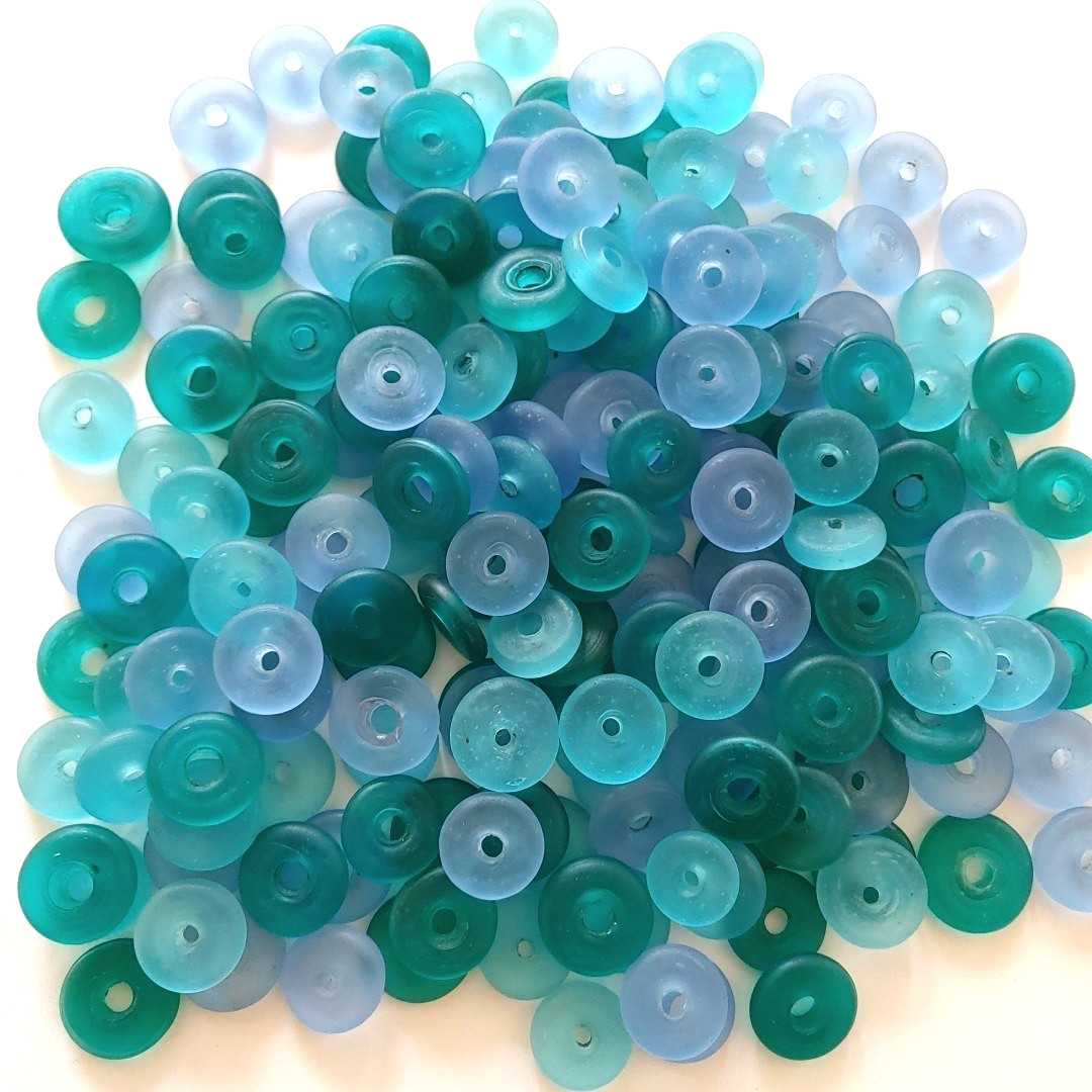 Approx 200 Frosted Donut Beads Cultured Sea Glass 17 – 21mm Aqua Blue Green Lot
