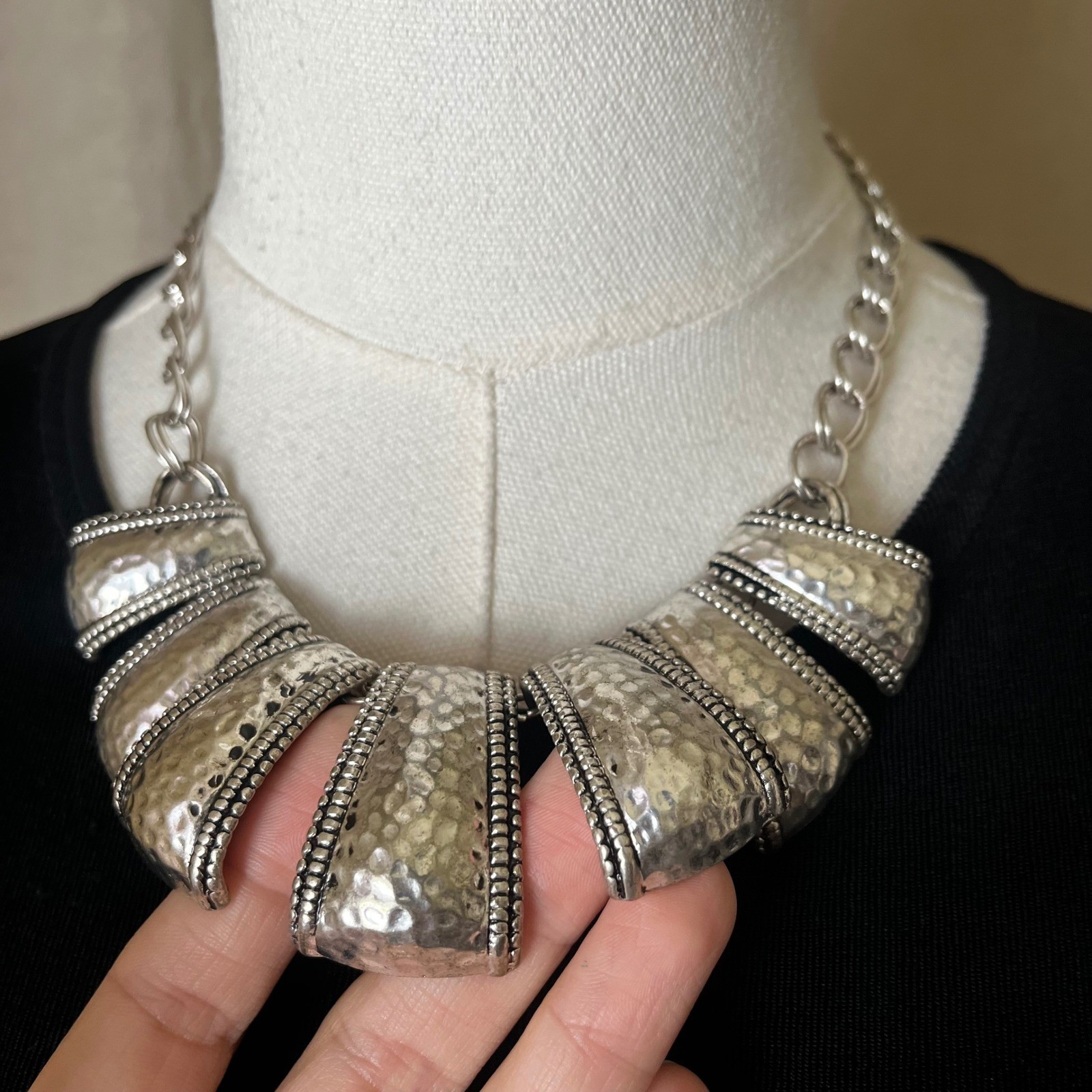 Hammered Silver Statement Bib Necklace 16-19″ Chunky Sculptural Collar