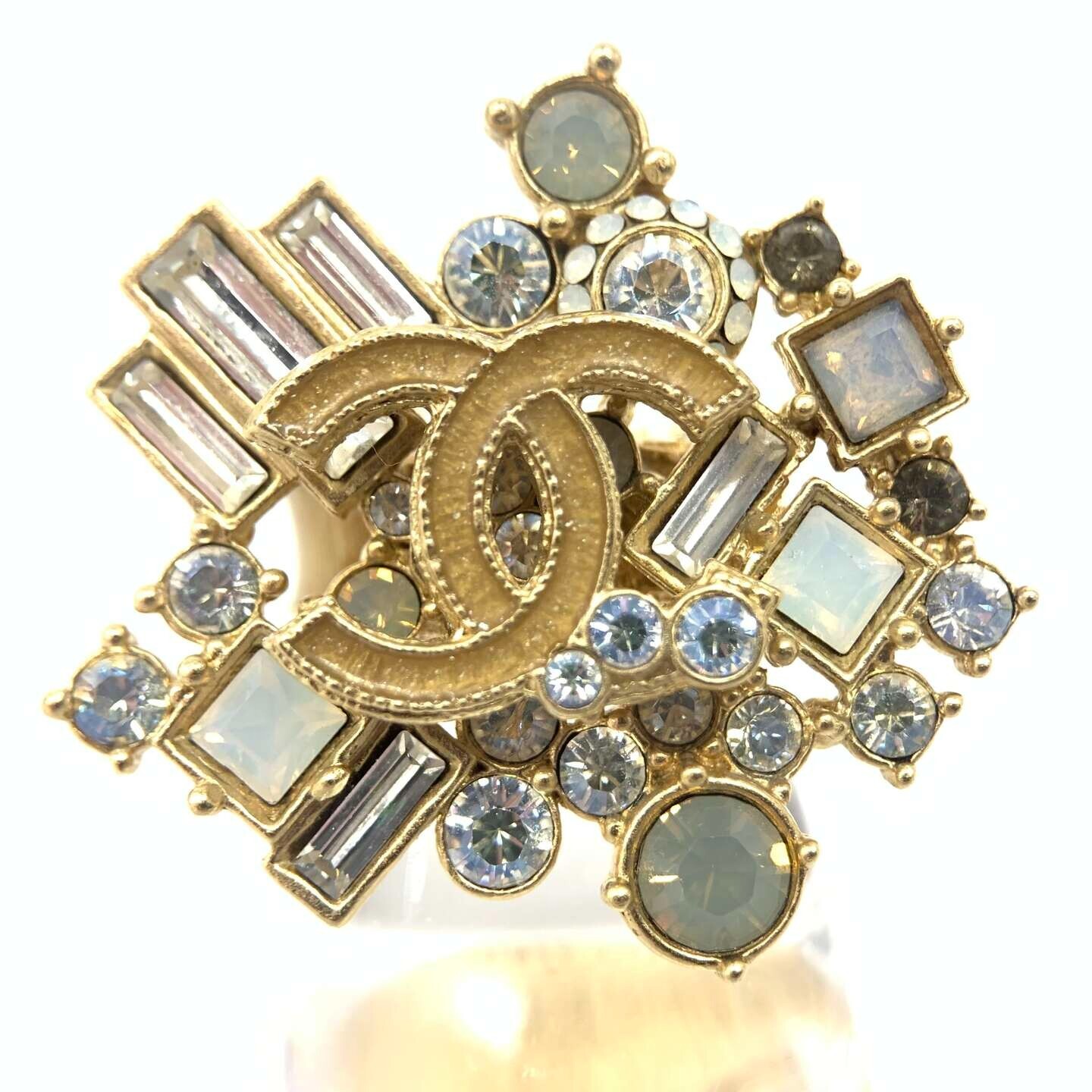 Chanel Coco CC Logo Gold Tone Rhinestone Ring 10A Size US 6-6.25 Used Authentic