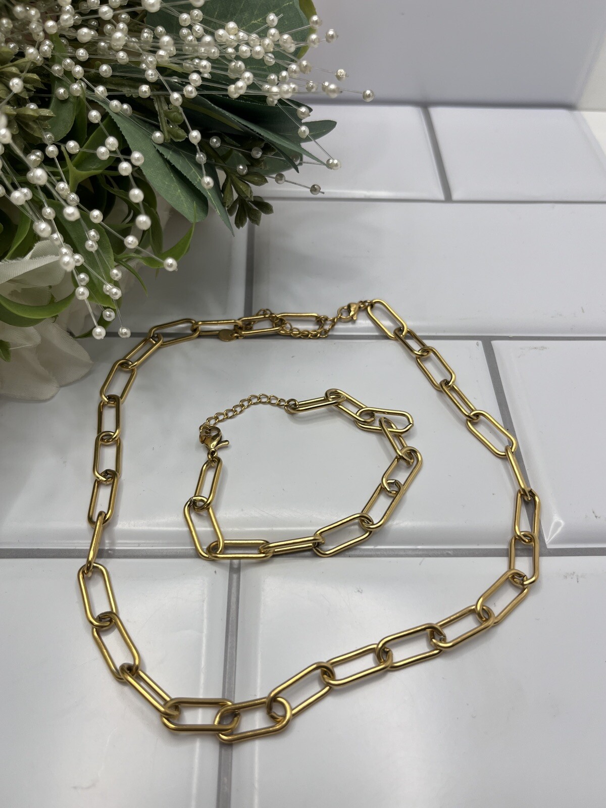 Women Girl Stailess Steel Gold tone Paper Clip Link Chain Necklase