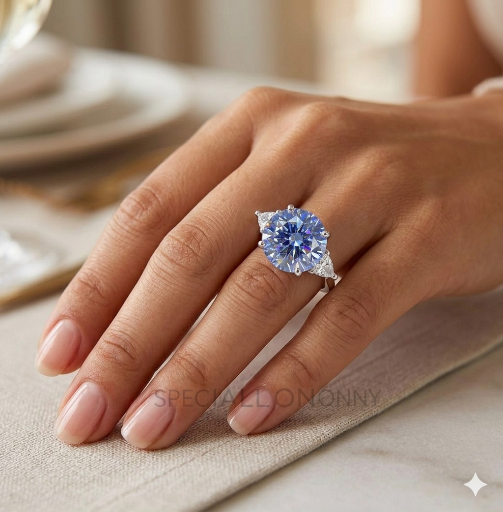 RARE 12 Ct Campanula Blue Diamond Ring-Great Sparkle, FREE Diamond Studs.