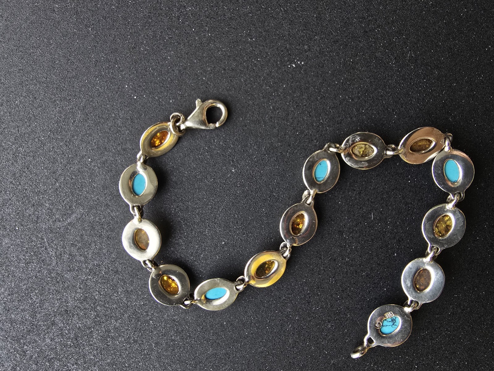 Gemstone Link Bracelet Sterling Silver with Baltic Amber and Turquoise 7.25″