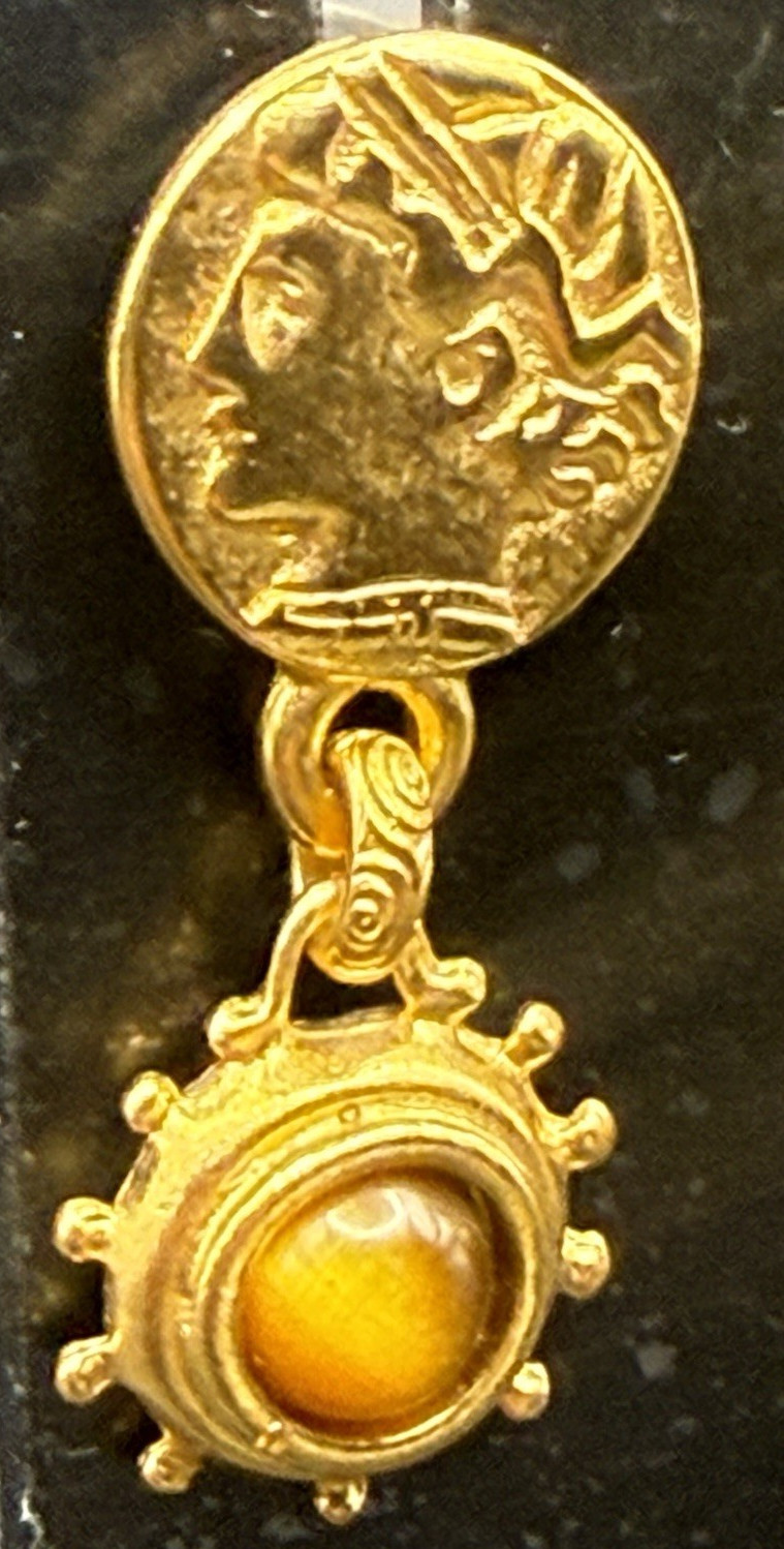 Robert Rose Roman Coin Dangle drop earrings pierced faces gold tone Vintage