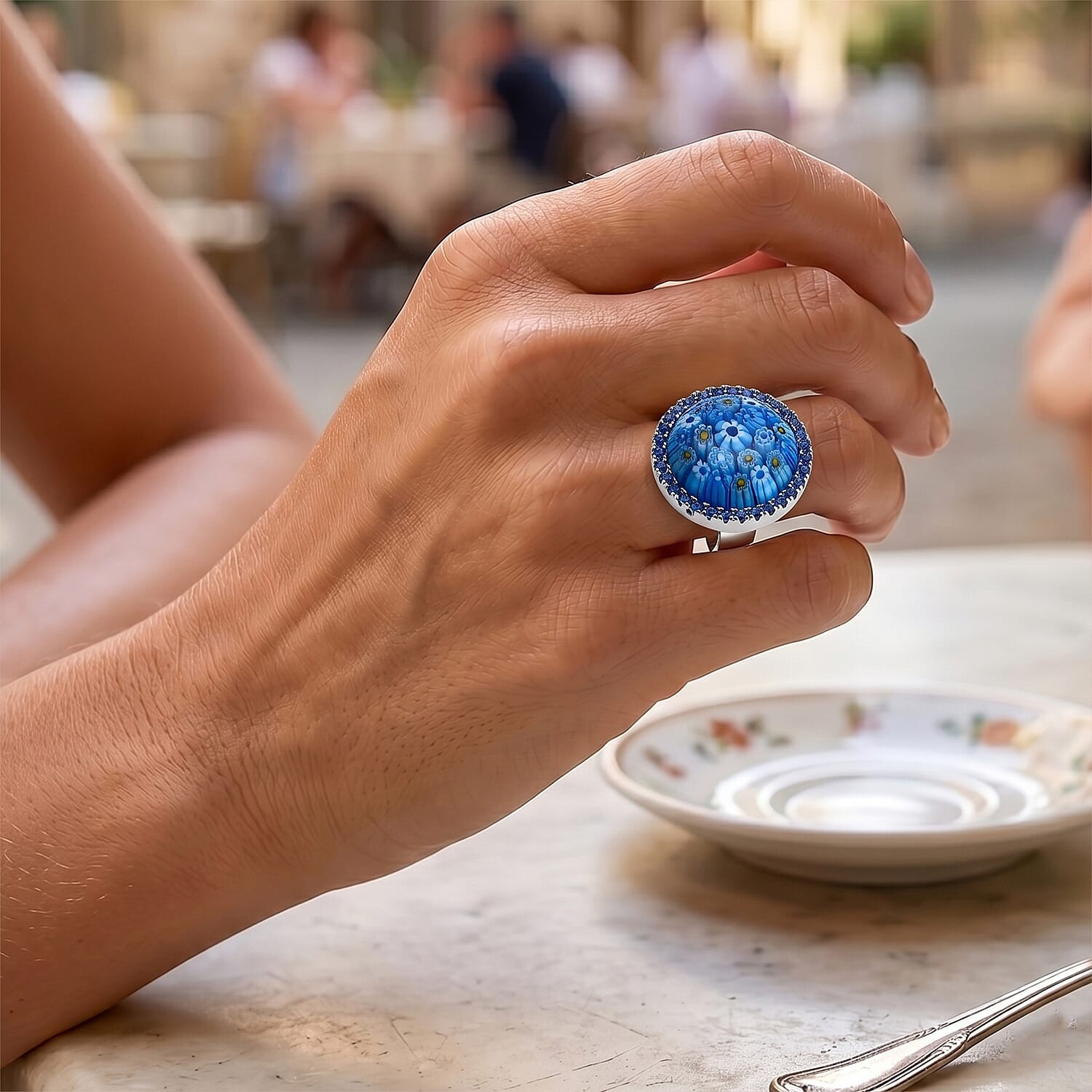 Blue Murano Style Blue Cubic Zirconia Ring ION Plated Yellow Gold 6.00-10.00