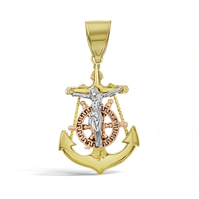 Anchor Jesus Crucifix Cross Mens Pendant 10k Tri Color Gold Charm 1.2 inch