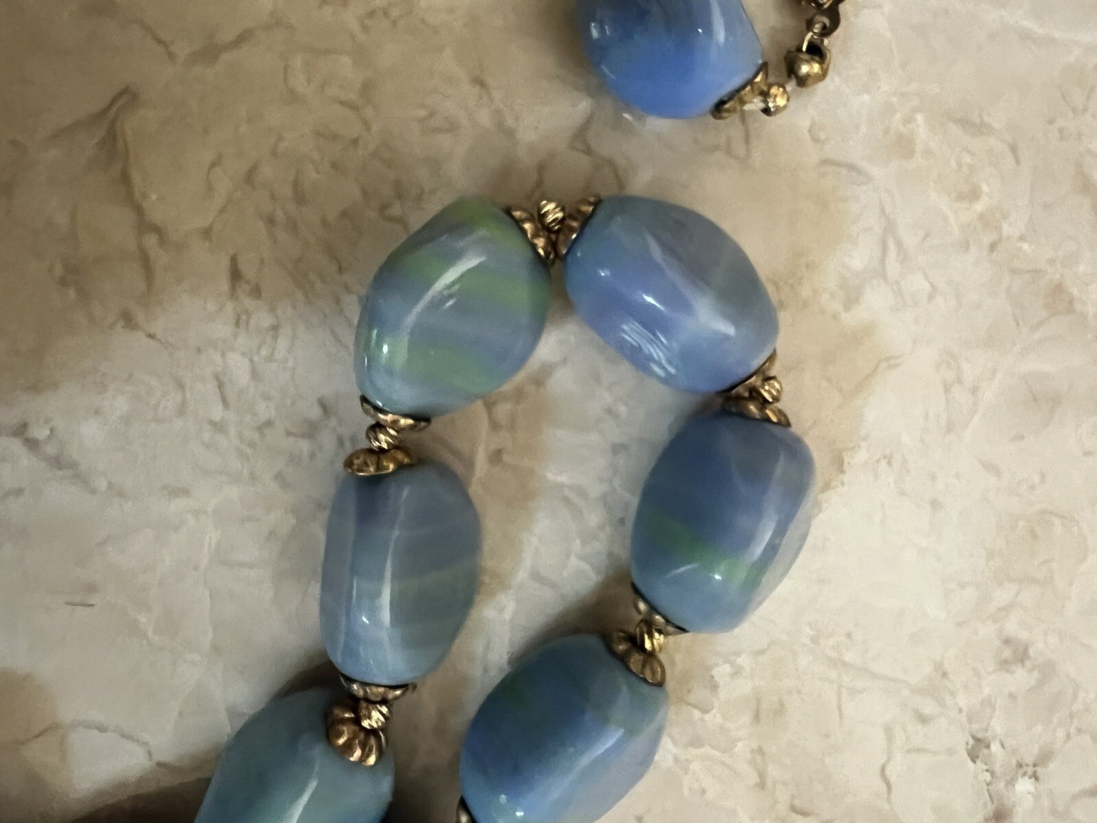 Vintage Periwinkle Blue & Green Slag Art Glass Necklace – Sterling Clasp – 24”