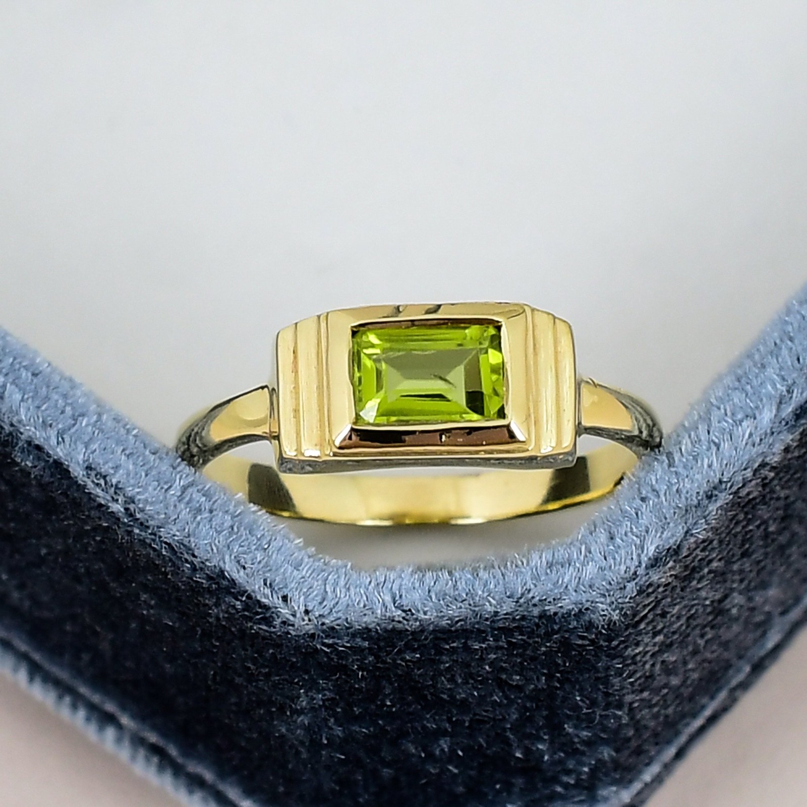Peridot Ring 18K Gold Plated 4x6mm Baguette Gemstone Signet Style Ring Gift
