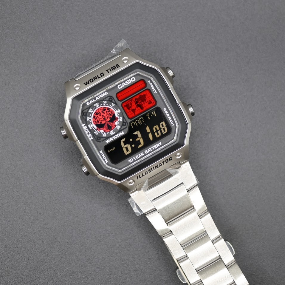 CASIO AE-1200WHD. Royale World Time Watch Mod. Negative Display – Red Skull Dial