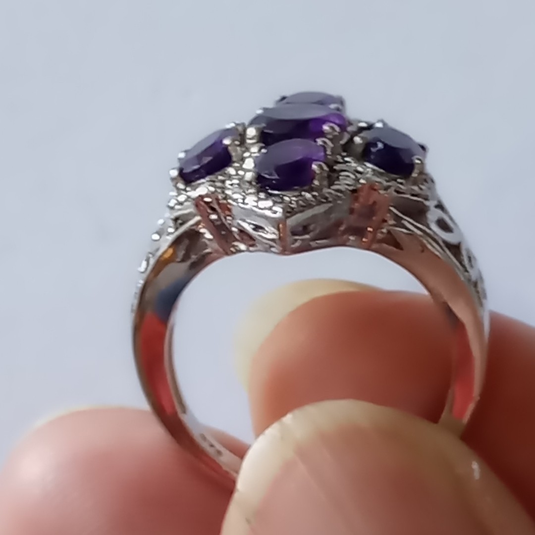 Vintage STS Karis Gothic Cross Amethyst Ring,Silver Tone Cocktail Ring Size 6.5