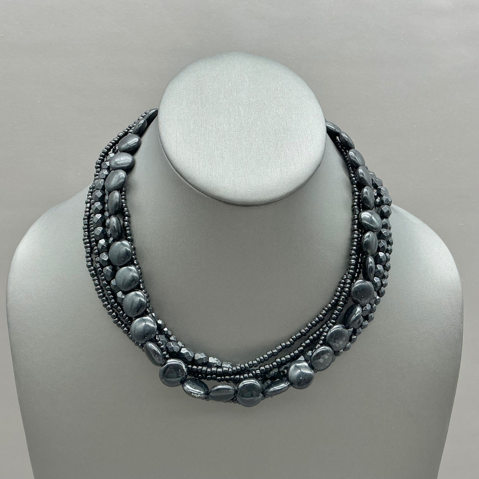Premier Designs Necklace Black Multi Strand Beaded Statement Costume Jewelry 16″