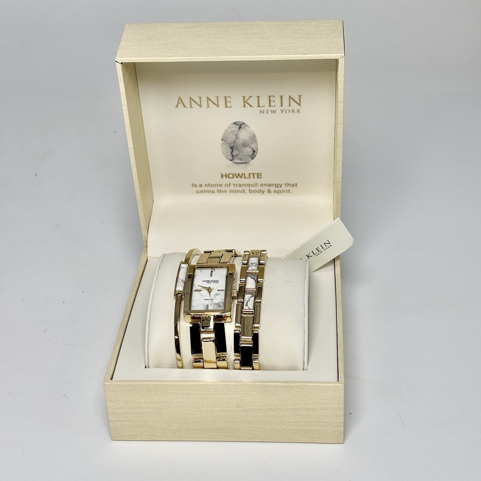 Anne Klein New York Ladies Howlite Gold Bracelet & Tank Watch Set 12-7748HLST