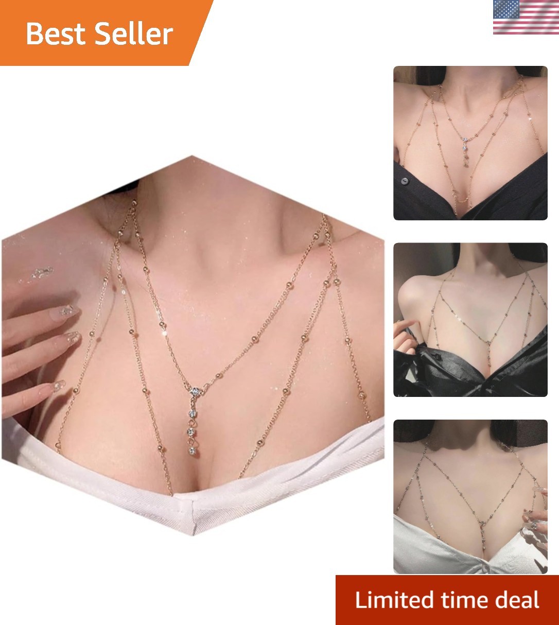 Versatile 14K Gold Plated Bikini Bra Chain with Summer Rhinestone Accents