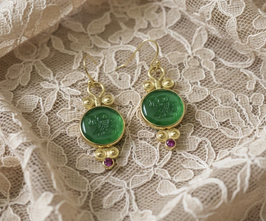 Museum Intaglio Owl Earrings Bird Gold CZ VTG Ancient Greek Antique Boho Carved