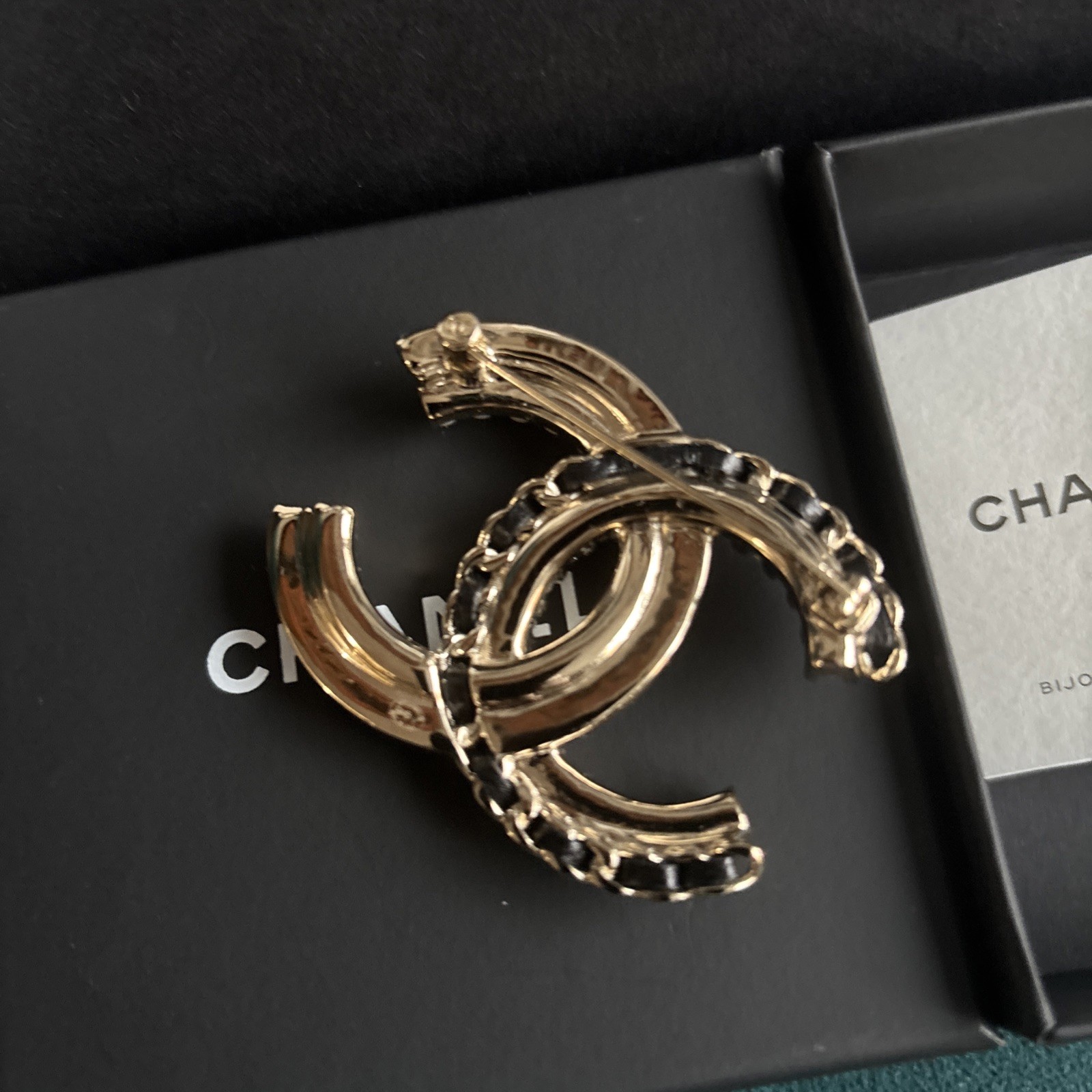 NEW in BOX Large REV Chanel Brooch Pin Gold Black Leather Chain Crystal Pearl CC