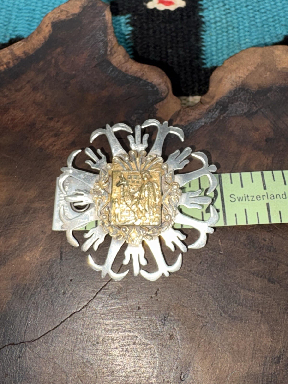Vintage Peru 18k Gold .925 Sterling Silver Llama & Sheppard Big Brooch Pin 2 in.