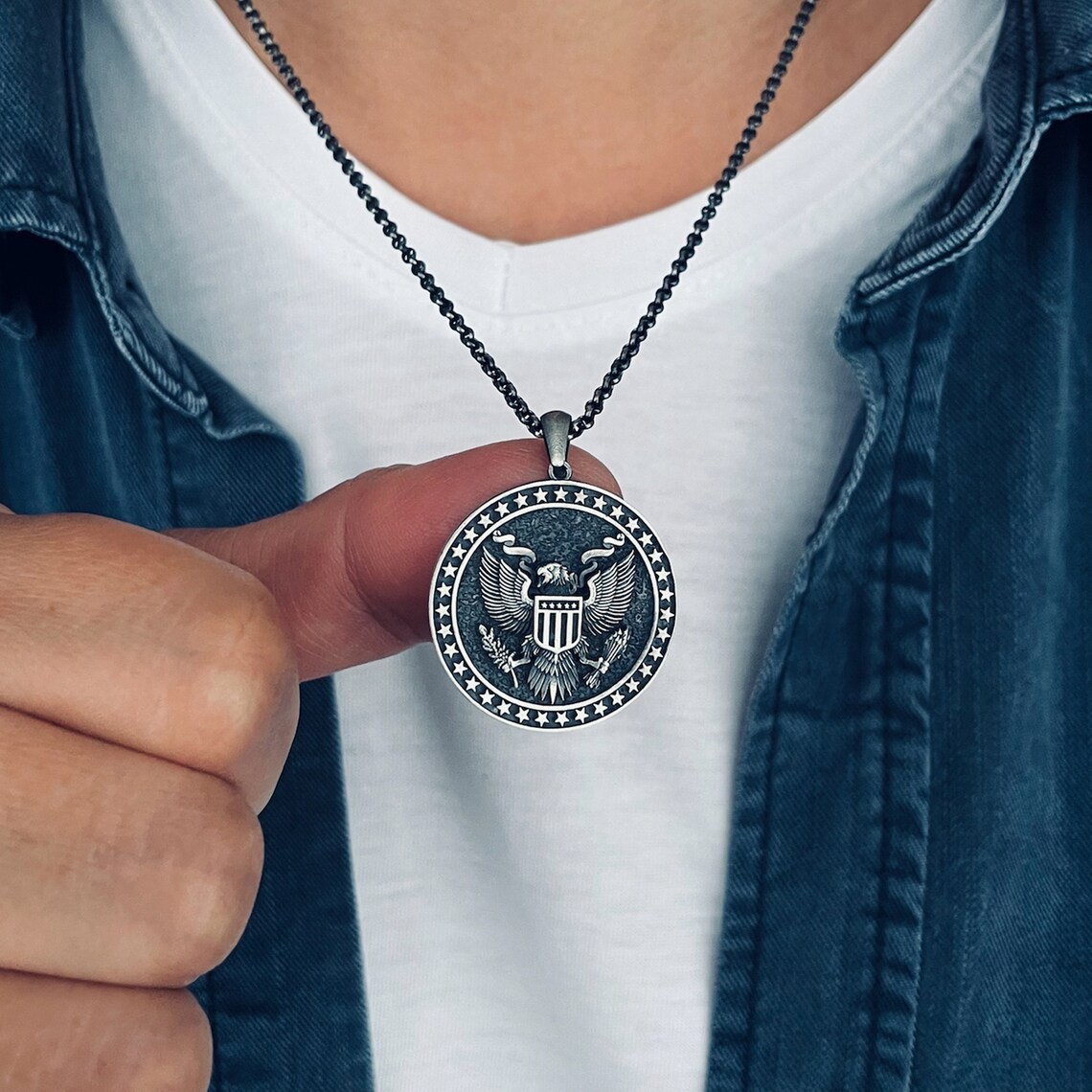 American Eagle Pendant Necklace 925 Sterling Silver Oxidized Necklace Duty Free
