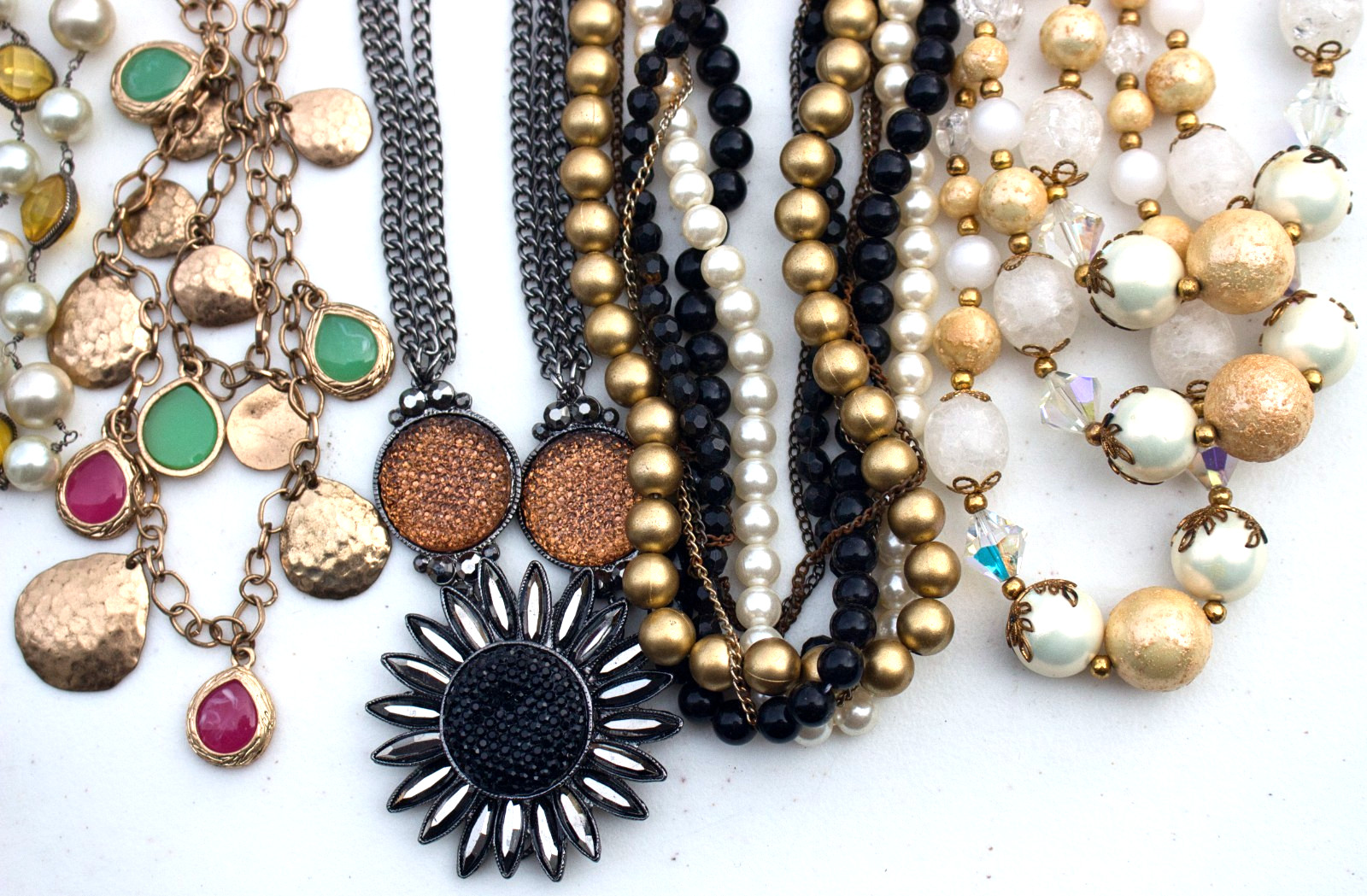 Vintage to Now Lot of 6 Mostly Black Gold & White Bead necklaces – 1 signed