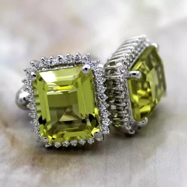 4Ct Emerald Cut Lab-Created Green Peridot Men’s Cufflinks 14K White Gold Plated