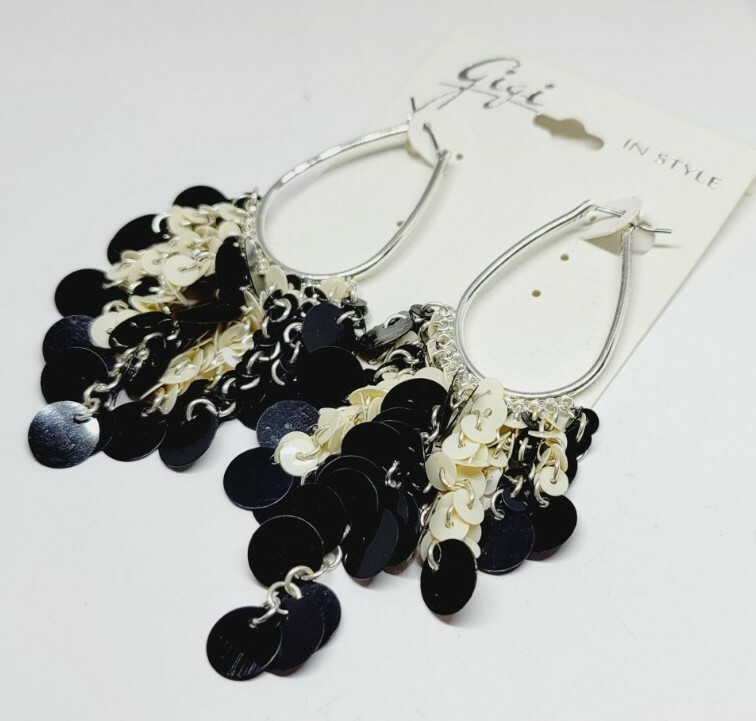 Gigi In Style Black & White sequin Design OVAL Hoop Dangle Earrings 3.75 in Drop
