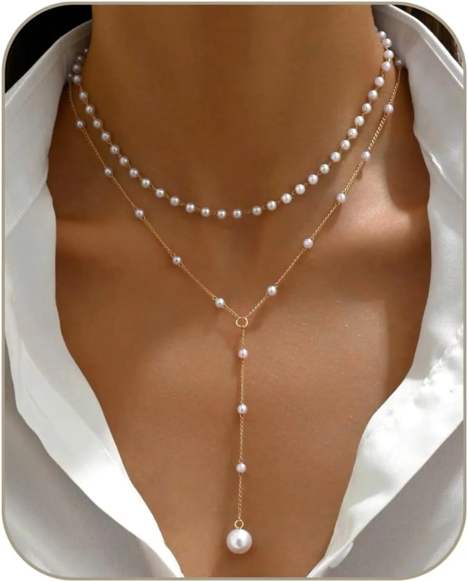 Layered Pearl Necklaces for Women 14K Gold Plated Trendy Faux Pearl Drop Y Neckl