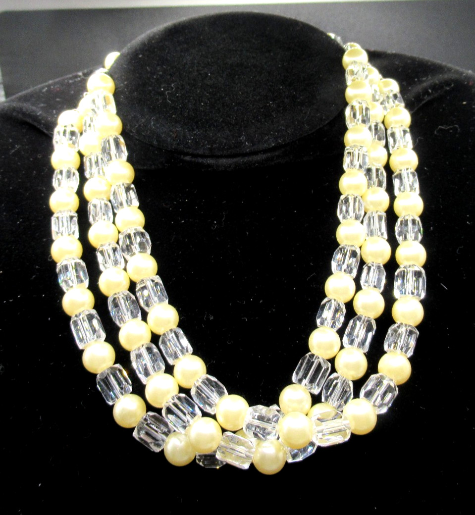 Vintage MCM Three Strand Faux Pearl & Clear Bead Choker Necklace 16 1/2 ” Long