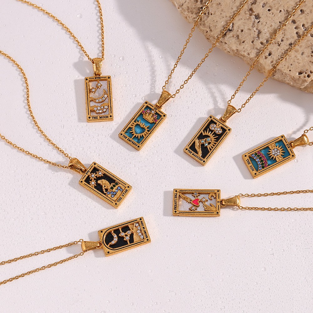 Tarot Card Rectangular Stainless Steel Enamel Zircon Fashion Pendant Necklace