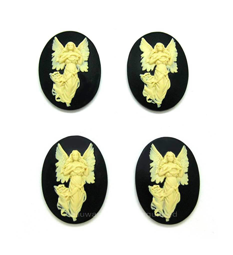 4 CHRISTIAN IVORY color Guardian Angel with Wreath on BLACK 40mm x 30mm CAMEOS